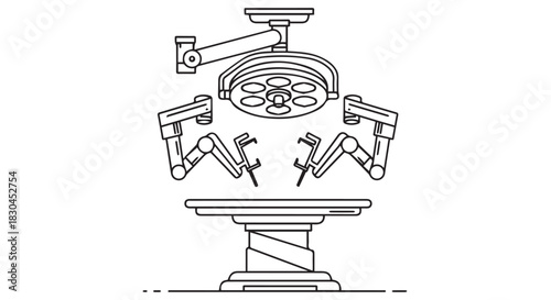 Contour Drawing of an Operating Room Scene featuring a Surgical Lamp, a Surgery Table, and Robotic Arms, all in Black and White