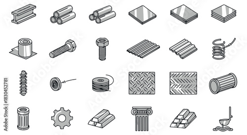 Isometric Line Art Collection of Metallic Objects Including IBeam, Pipes, Metal Sheets, and Other Engineering Components