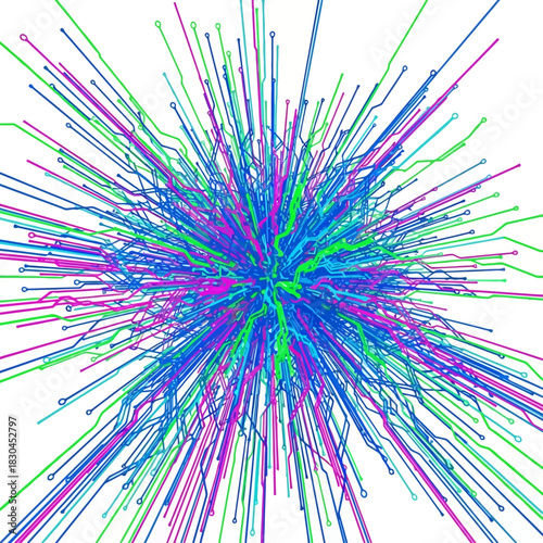 Abstract colorful explosion of lines radiating from a central point on white background