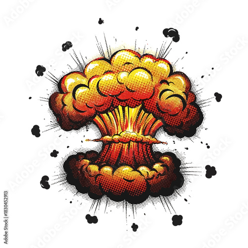 Stylized concept of a powerful comic book explosion with a mushroom cloud