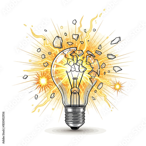 Vibrant illustration of a shattering light bulb, symbolizing a sudden breakthrough, innovative idea, or creative spark