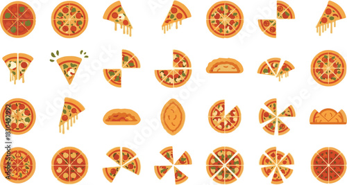 Flat Vector Illustration Set of Delicious Pizzas Slices and Calzones with Toppings.