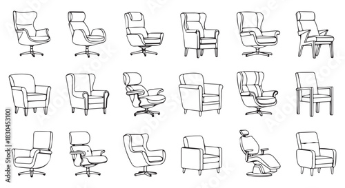 Assorted Armchairs Outline Styles, Depicting Various Designs and Shapes for Furniture, Seating, and Interior Design Concepts on a White Background