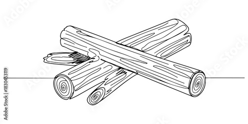 Continuous one line drawing of a firewood campfire, symbolizing warmth and nature, line art style vector illustration.