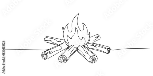 Continuous one line drawing of a firewood campfire, symbolizing warmth and nature, line art style vector illustration.