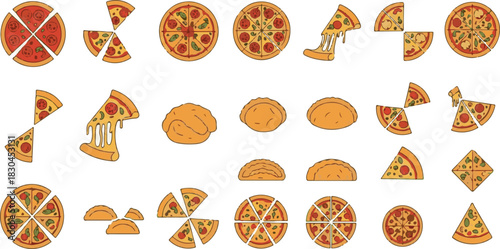 Assorted Pizza and Empanada Illustrations with Toppings and Crust Details.