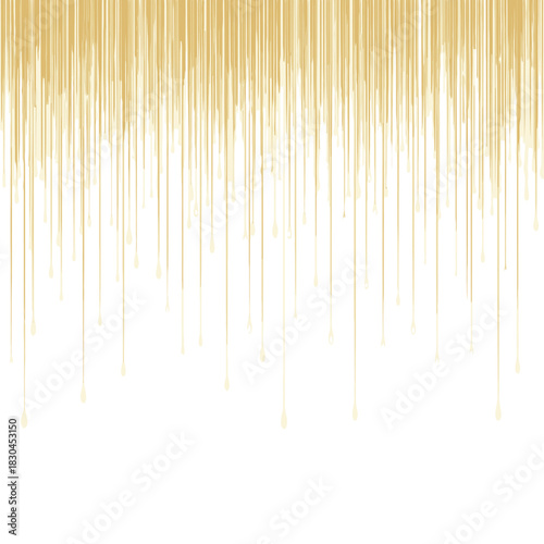 Luxurious golden liquid paint dripping down from the top against a stark white backdrop for an abstract design