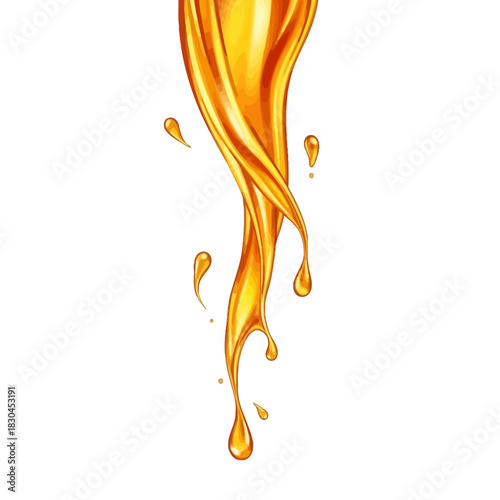 A dynamic splash of golden liquid flowing downwards with glistening drops on a white background