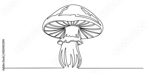 Continuous one line drawing of a giant mushroom, symbolizing fantasy and nature, line art style vector illustration.