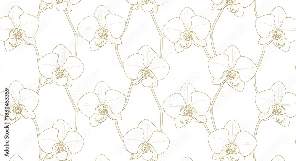 Fototapeta premium Elegant gold outline orchid pattern on white background, delicate floral design