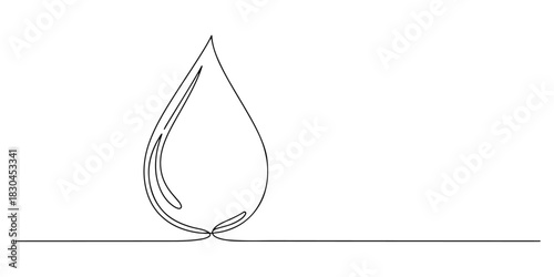 Continuous one line drawing of a clean round water droplet, symbolizing freshness and purity, line art style vector illustration.