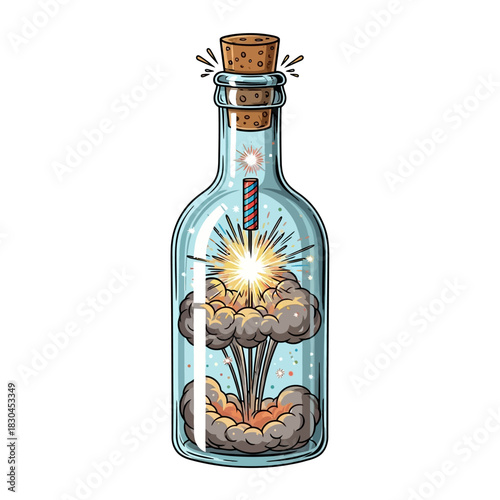 Creative concept of a powerful firework exploding with smoke and sparks inside a sealed glass bottle
