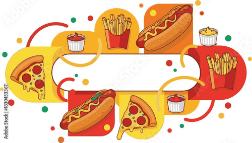 Vibrant cartoon fast food collection with pizza hot dogs french fries and dipping sauces illustration.