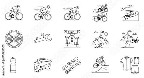 Cycling Icons Set Featuring Cyclists, Mountain Roads, Bike Parts, Competition Trophies, and Gear for All Your Bikepacking and Road Trip Adventures