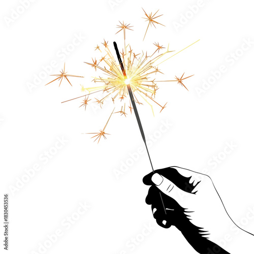 A hand holds a brilliant sparkler, radiating golden light and vibrant energy, symbolizing celebration and festive joy
