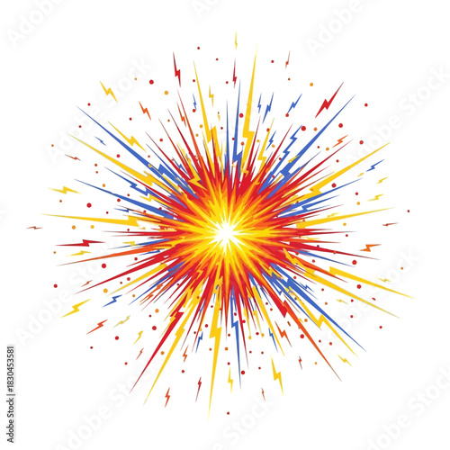 Energetic abstract graphic explosion burst with vivid colors and dynamic lightning rays