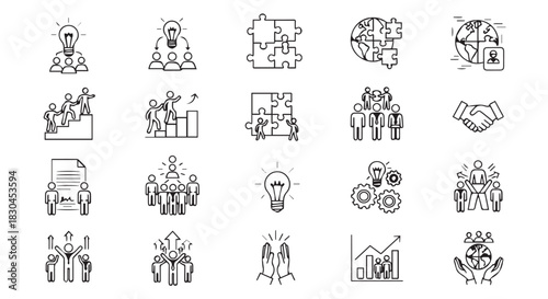 Diverse Business Icons Representing Teamwork, Collaboration, Strategy, Development, Innovation, and Global Reach, Featuring Simple Line Art Style
