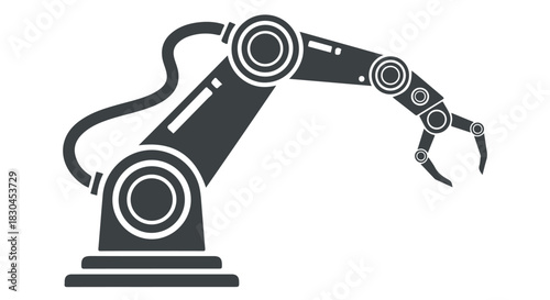 Monochrome robot arm illustration featuring circular joints and a cable for connections, isolated on a white backdrop, suitable for tech and industry