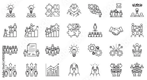 Diverse Business and Teamwork Icon Set Representing Collaboration, Innovation, Growth, and Global Reach in Outline Style Illustrations