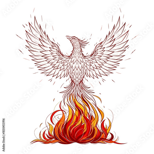 Majestic phoenix bird rising from vibrant flames, symbolizing rebirth and triumph over adversity and challenges