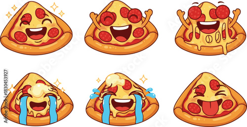Set of six kawaii pepperoni pizza slice characters with expressive cartoon faces showing joy laughter and excitement.