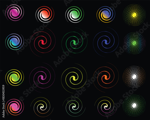 Vibrant glowing colorful spiral featuring dynamic 
blue pink green yellow magenta light trails against 
a dark background