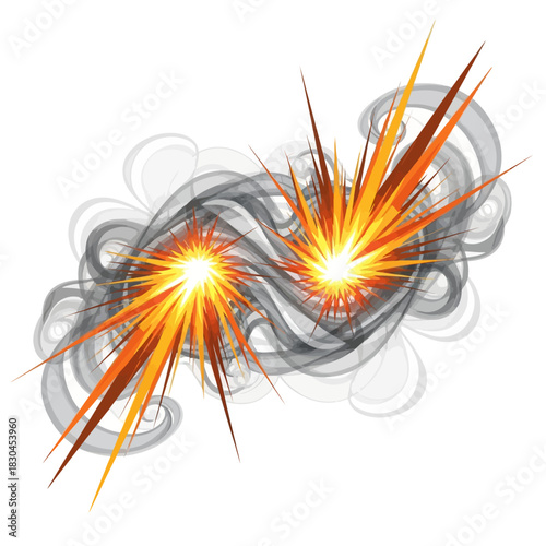 Fiery Collision Twin Explosions with Smoky Trails Vector Illustration
