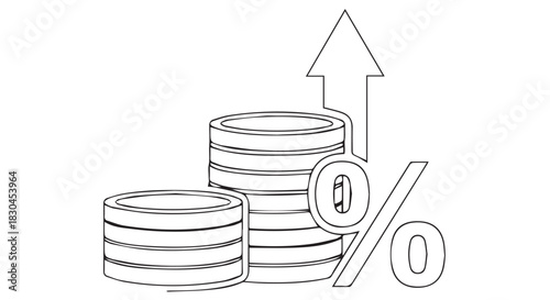 Increasing Financial Growth Indicated by Percentage Rise and Rising Coin Stacks in a Simple Outline Image