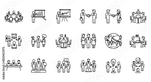 Diverse Business Meeting and Collaboration Icons A Collection of Teamwork, Presentation, Negotiation, and Global Connection Symbols in Black and White