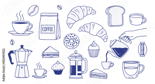 Collection of Coffee and Pastry Drawings in a Sketch Style, Featuring Coffee Pots, Cups, Croissants, and Small Cakes