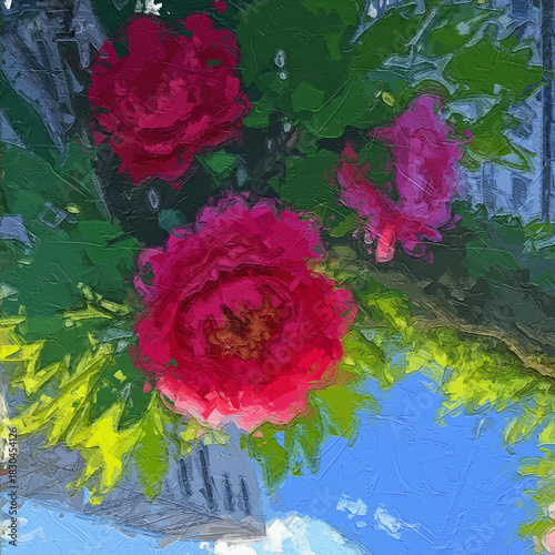 Obraz na plátně Various oil paintings, flowers, roses, peonies, flying swallows, scenic fairylan