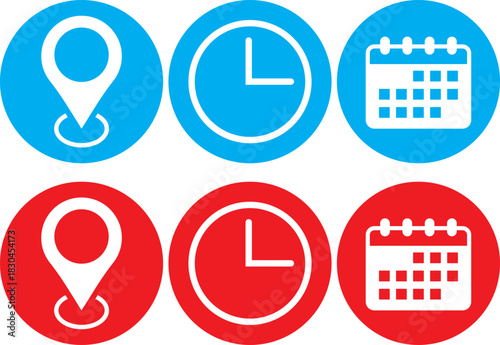 Calendar clock and location pin icons representing time date and place. Color business schedule and office time clock