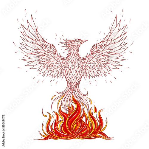 Intricate illustration of a magnificent mythical phoenix bird rising from vibrant, flickering flames, symbolizing rebirth and enduring strength