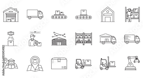 Line art icons depicting warehousing, logistics, and delivery operations, conveying a sense of organization, efficiency, and industrial activity
