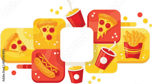Vibrant Flat Design Fast Food Collection: Pizza Slices Hot Dog Fries and Soda Cups Illustration.