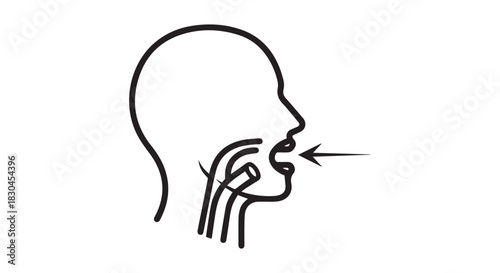 Throat Visualization Symbol with Arrow Aiming Mouth, Representing Medical Testing, Diagnosis, or Treatment Focus in Black and White