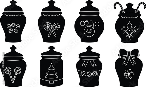 Christmas jar silhouette set, festive holiday container icons, candy cane and holly decoration, seasonal sweet treat vector, winter celebration graphic pack