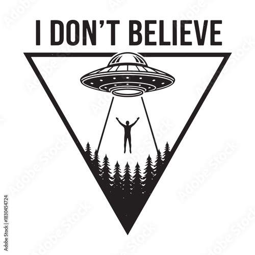 Sci-fi alien abduction scene with UFO spaceship and forest silhouette vector illustration.