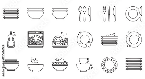 Collection of Line Art Kitchenware Elements Including Plates, Bowls, Cups, Utensils, Dishwasher, Dish Soap and Dish Rack