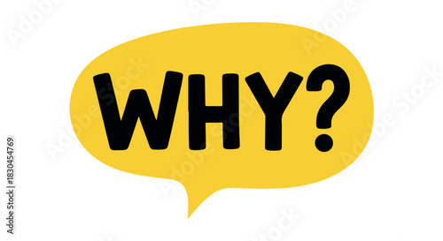 A yellow speech bubble containing the word WHY in black lettering, isolated on a white background, conceptual and minimalist image