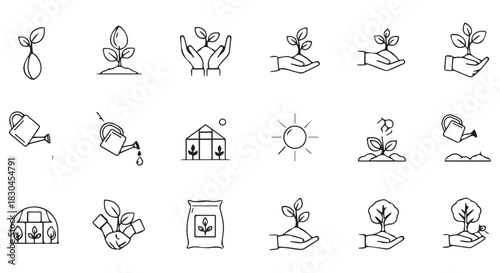 Illustration of various linear style gardening icons representing plant growth, watering, greenhouse, sun, fertilizer, nurturing and care for plants