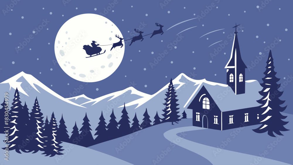 Fototapeta premium Santa sleigh flies over snowy mountains and church under a full moon on christmas eve night scene