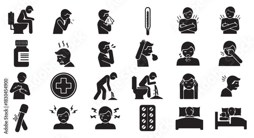 A Collection of Health and Illness Symptoms Depicted in Black and White Pictograms on a White Background