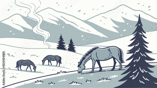 Horses graze in a snowy mountain landscape with evergreen trees and rising smoke in the distance