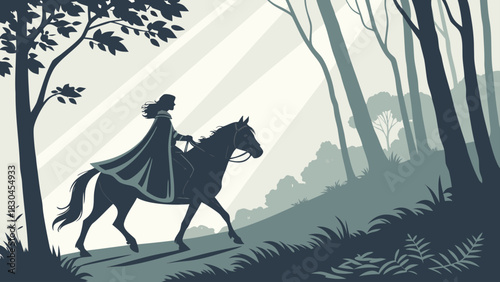 Silhouette of a woman riding a horse through a forest with light rays shining through the trees