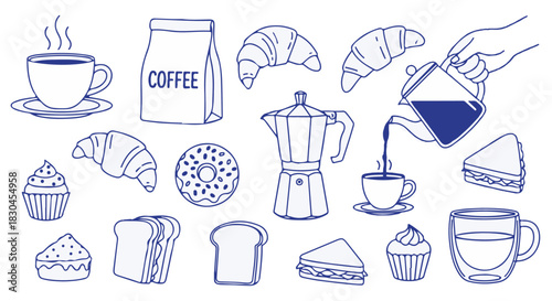 A Charming Coffee and Pastry Doodle Set for a Cafeteria or Bakery Menu Design Idea or Decor Project