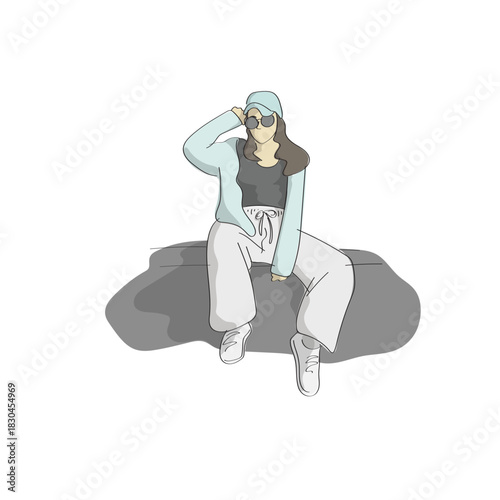 Woman sitting with cap and sunglasses illustration vector hand drawn with black lines
