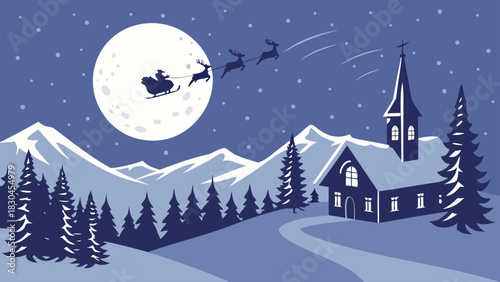 Santa sleigh flies over snowy mountains and church under a full moon on christmas eve night scene