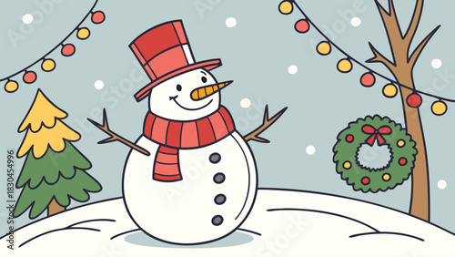 Illustration of a snowman with a hat and scarf in a winter scene with christmas decorations