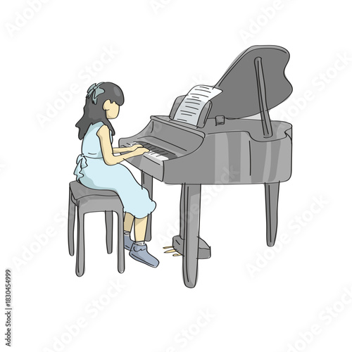 girl playing piano illustration vector sketch with black lines